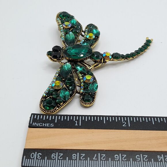 Dragonfly Large Brooch Pin Green Crystal Rhinestone Jewelry - Picture 7 of 13
